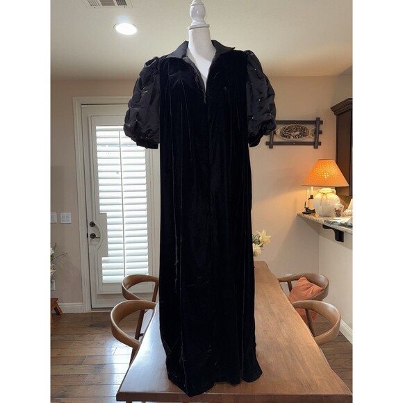 Vintage David Brown x Saks Velvet Maxi Gown Black Satin Puff Sleeves L USA Opera - Picture 3 of 13